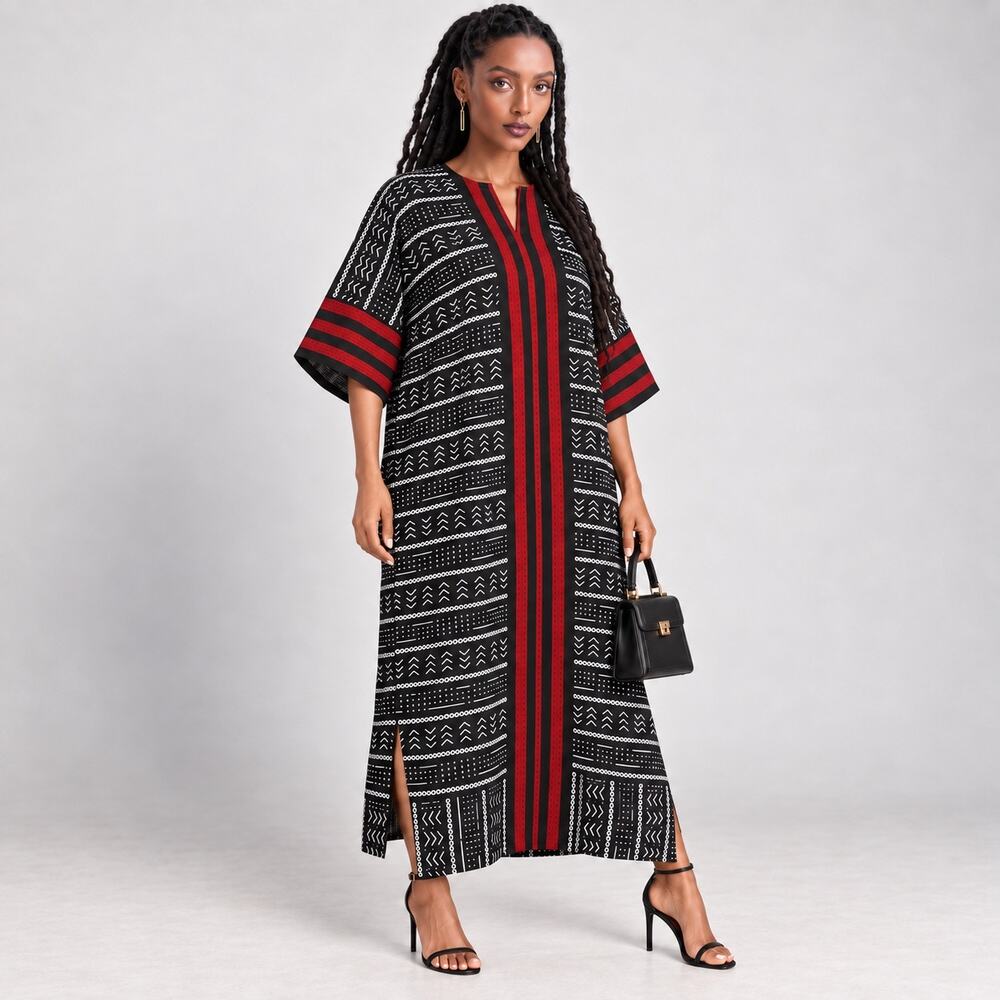 💯% Cotton African Ankara Plus Size Kaftan Maxi Dress Red Black Boubou Dashiki 2X